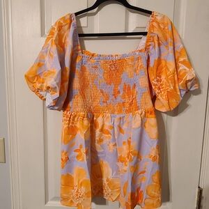 Floral Puff-Sleeve Smocked Women's Top - Orange Lavender - Emery Rose